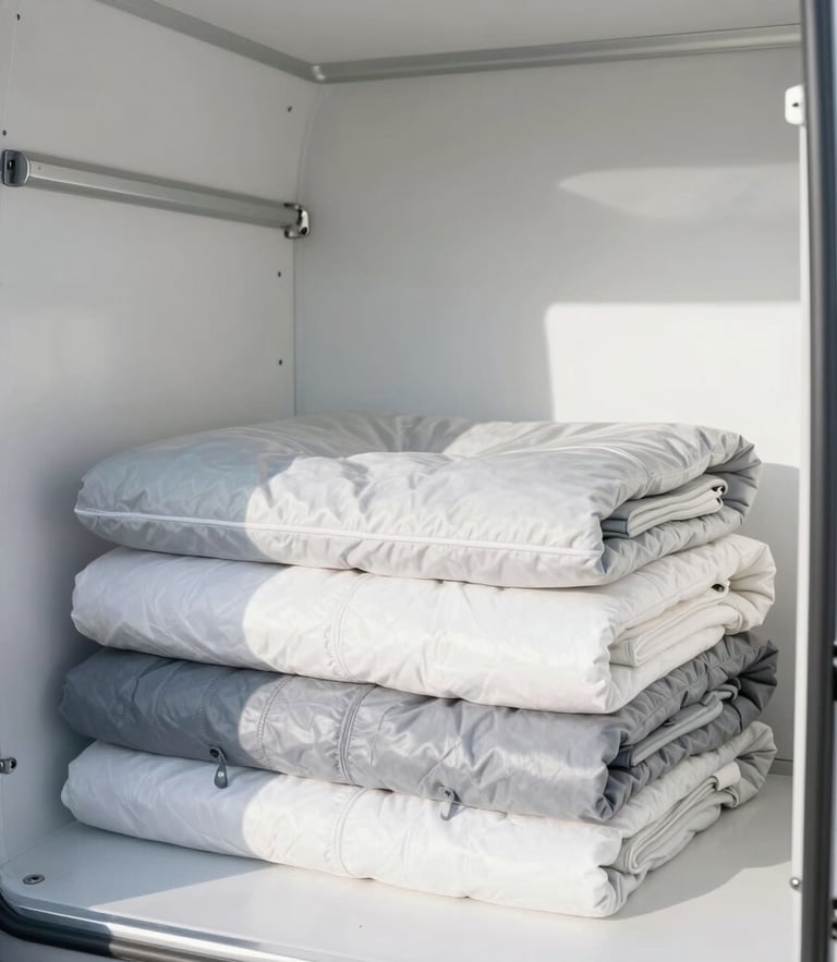 Bright editorial photography of a clean, climate-controlled Move With Daylight truck interior, neatly folded protective blankets, morning light