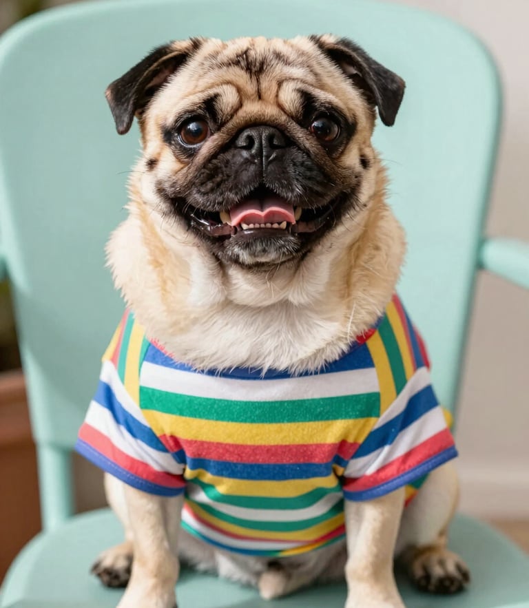 Bright eye-level portrait of a happy pug wearing a colorful handmade striped t-shirt, sitting proudly on a light teal chair, warm natural daylight, shallow depth of field