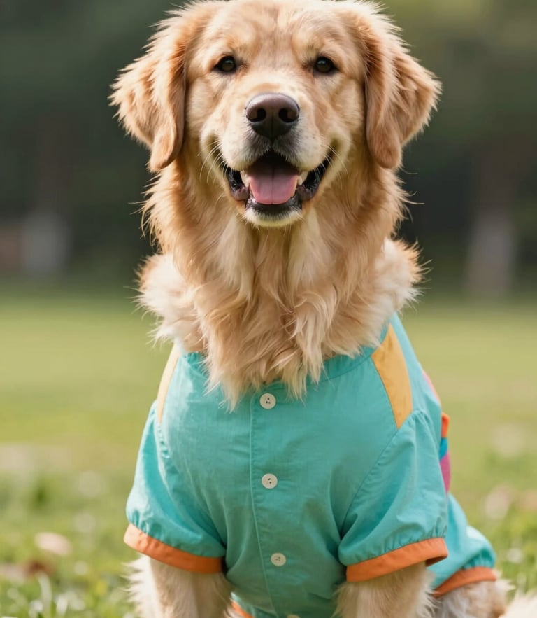 Eye-level bright shot of a happy golden retriever wearing a colorful handmade teal summer shirt, sitting outdoors in a sunny park, soft natural daylight, shallow depth of field
