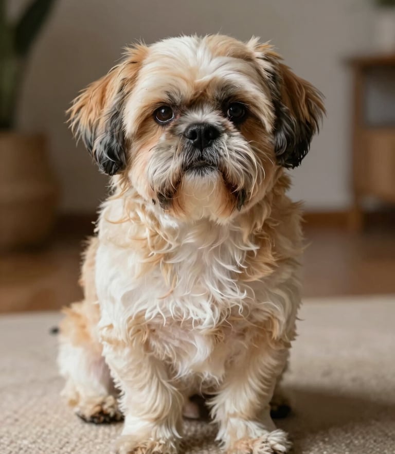 Primer plano de un cachorro Shih Tzu de pelaje sedoso y ojos brillantes, sentado sobre un tapete de lino claro en un ambiente iluminado por luz natural suave.