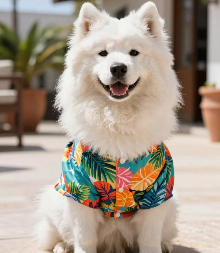 A happy fluffy Samoyed dog wearing a colorful handmade tropical shirt, sitting on a sunny patio in Mexico, bright natural daylight, eye-level portrait, shallow depth of field