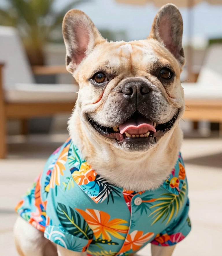 Eye-level portrait of a happy French Bulldog wearing a colorful tropical shirt, sunny patio background, shallow depth of field, 35mm