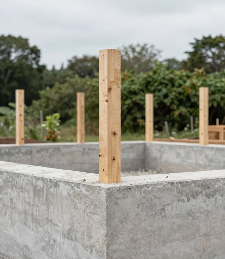 Documentary architectural photography of a raw concrete foundation with emerging timber posts, natural overcast daylight, sharp 35mm lens.