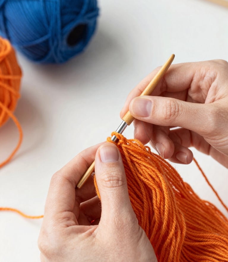 Overhead warm shot of hands slowly weaving soft orange yarn with a wooden crochet hook, bright natural morning light, cozy home atmosphere