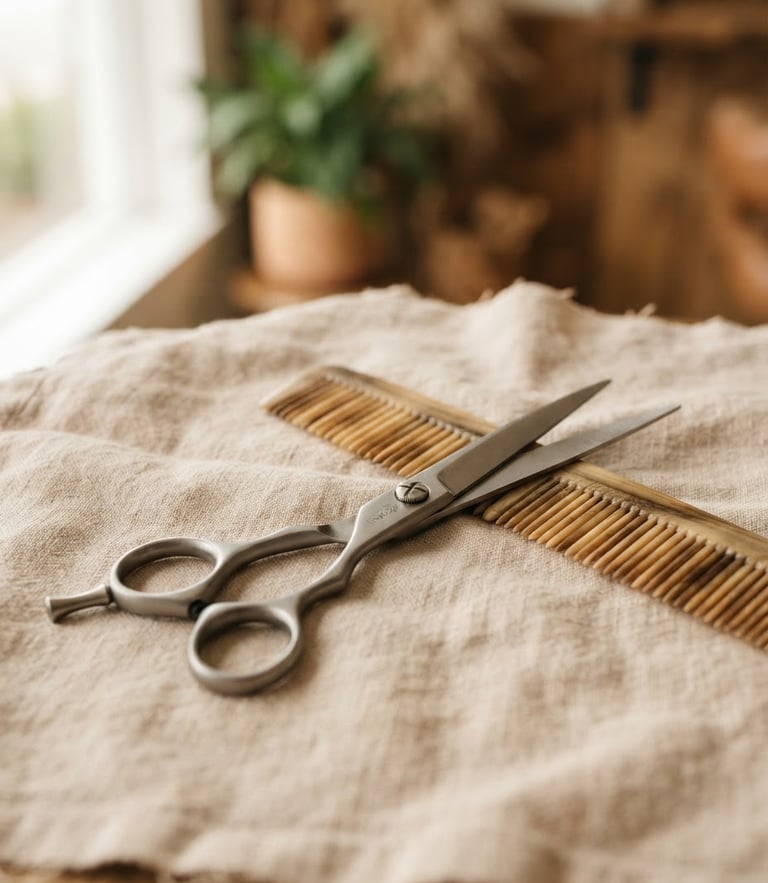 Close-up of professional hairdressing tools, scissors and a comb resting on a soft warm beige linen cloth, warm natural window light, shallow depth of field