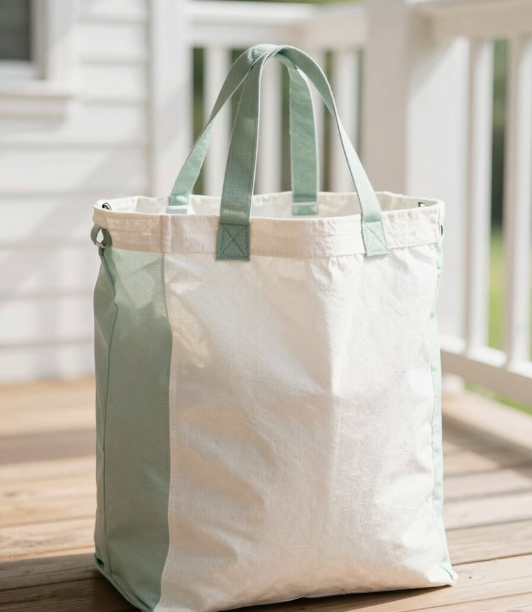 Bright editorial photography of a clean canvas laundry bag sitting on a sunny wooden porch, soft natural daylight, sage green accents, shallow depth of field
