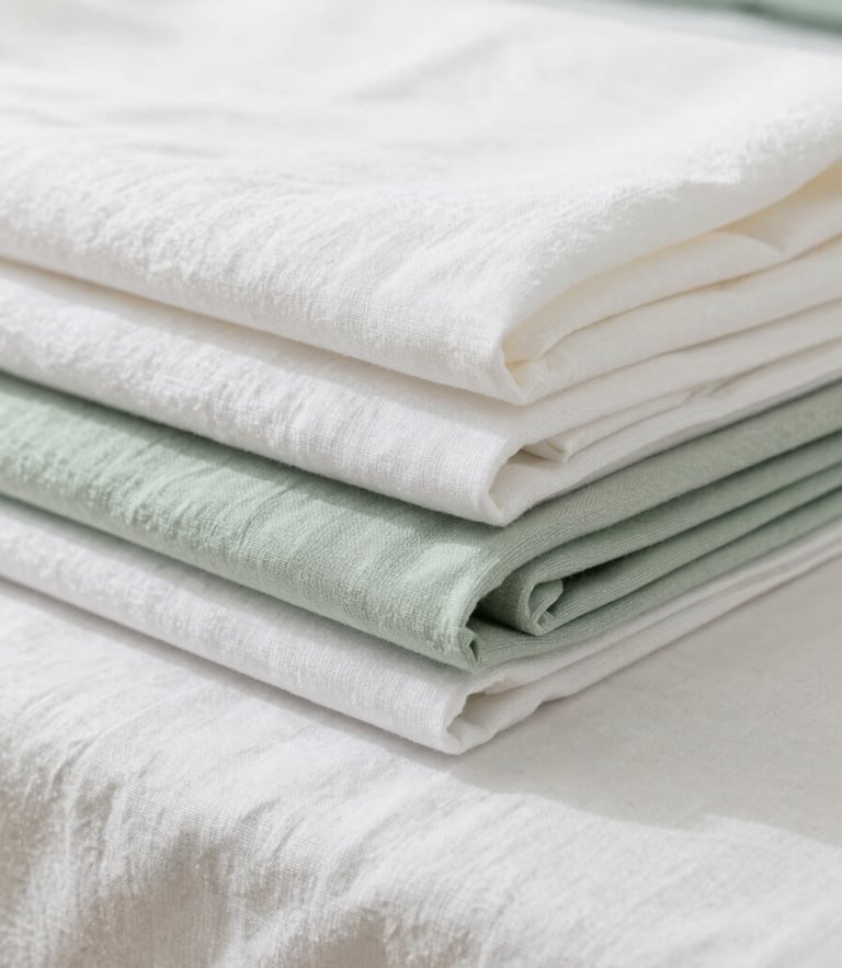 Close-up editorial shot of beautifully folded organic cotton and linen sheets in soft sage green and white tones, bright daylight, shallow depth of field