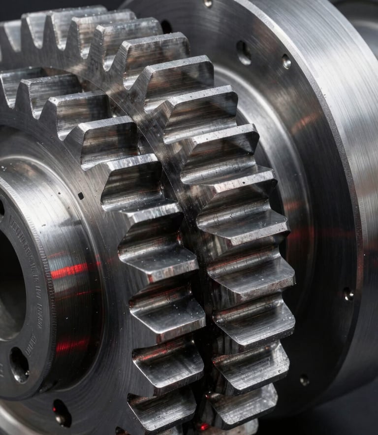 Macro shot of heavy-duty industrial gears with silver metallic finish, high-contrast cool studio lighting with subtle red ambient reflections, sharp focus on tooth profile.