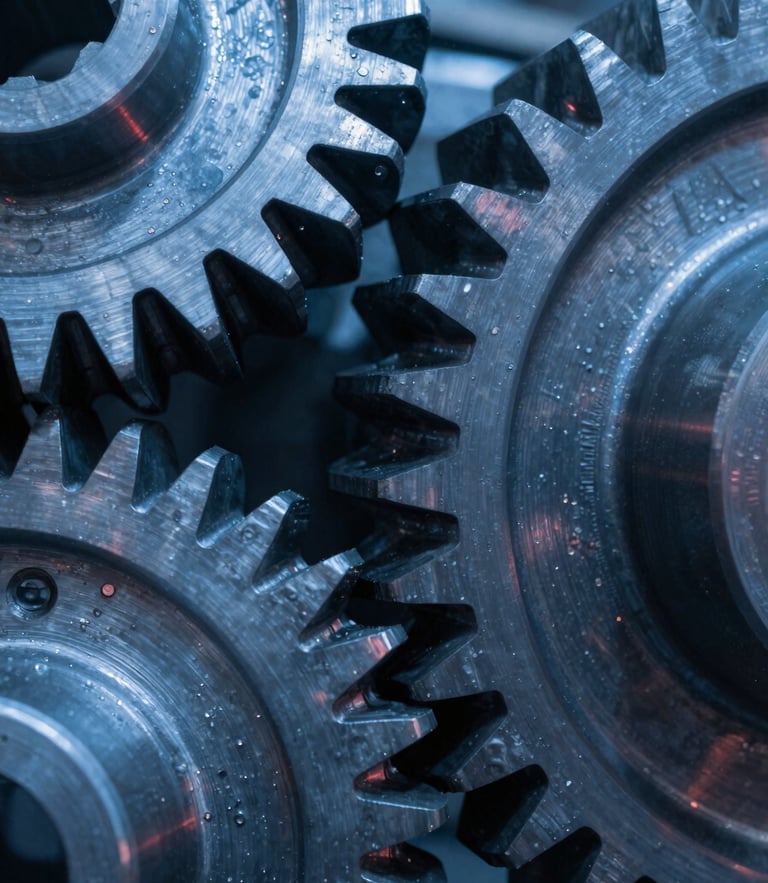 Macro close-up of heavy-duty industrial spur gears, sharp teeth interlocking, cool blue industrial lighting with subtle red ambient reflections, high-contrast steel texture.