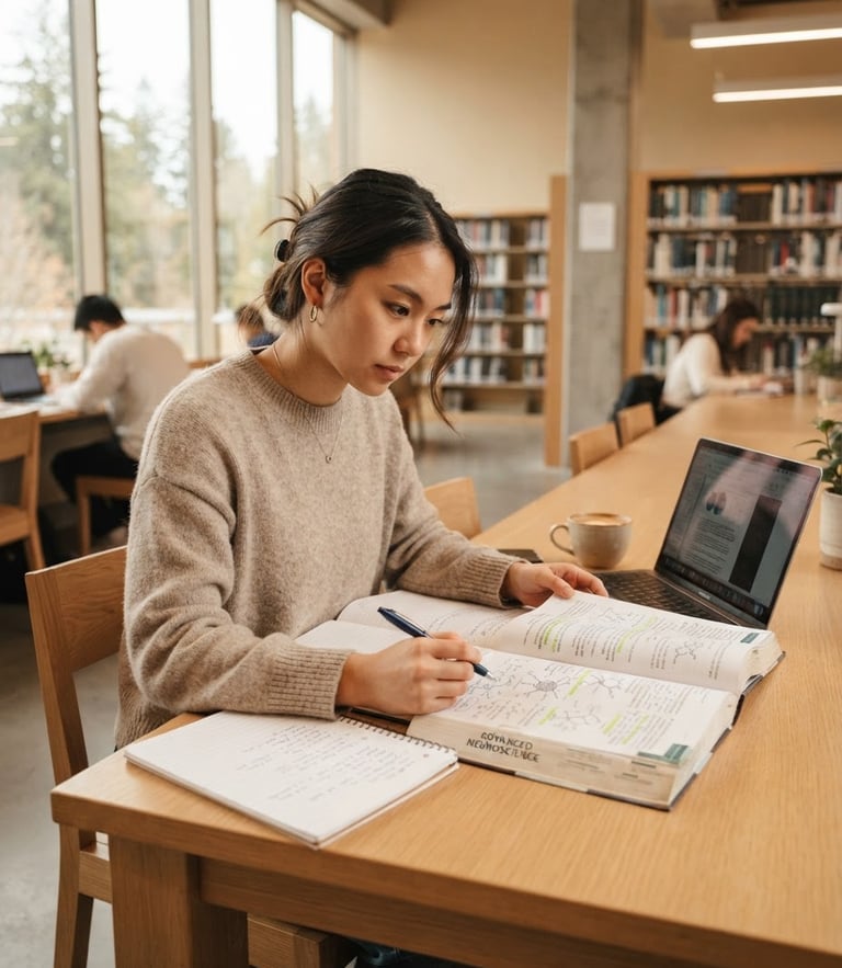 A focused student reviewing structured study materials in a bright, modern library with soft natural daylight and warm neutral tones