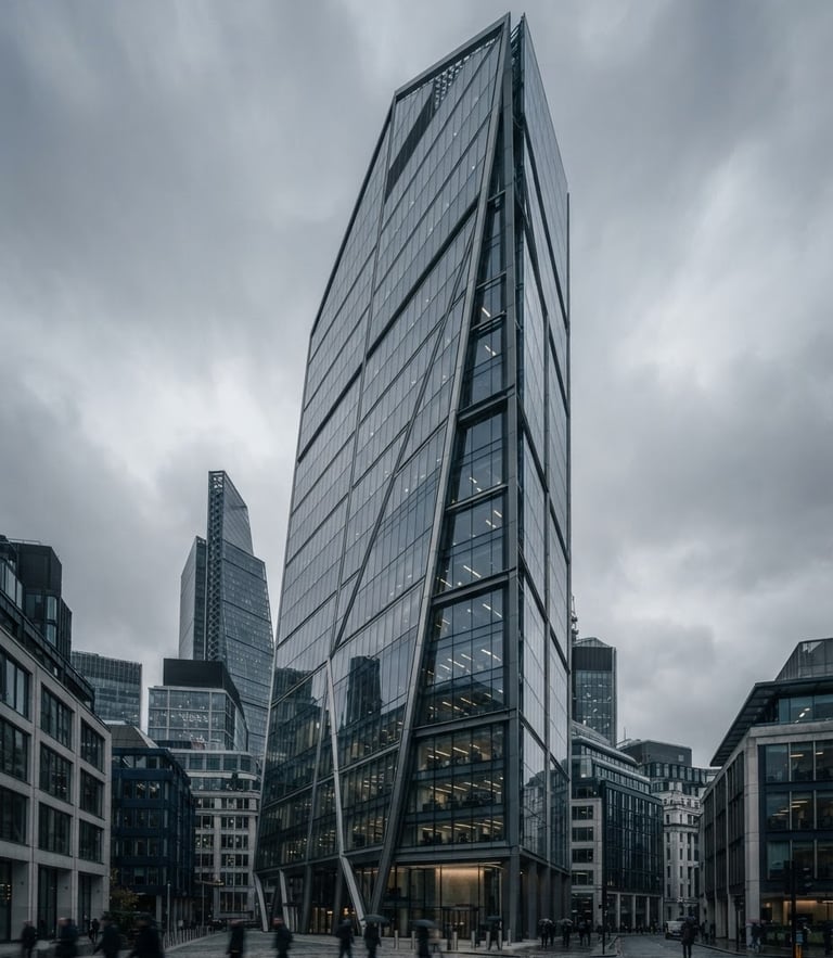 Cool architectural photography of a modern commercial office building in London under overcast daylight, sharp focus, 35mm