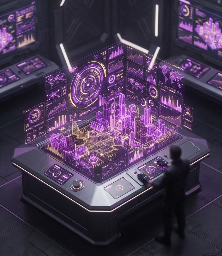 Futuristic 3D render of a smart city control interface, neon purple and gold holographic data charts floating in a dark grey tech environment