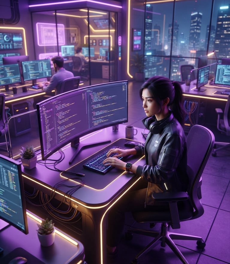 Sleek portrait of an Indonesian software engineer in a modern tech office with ambient purple and gold lighting, futuristic 3d render overlay, clean isometric perspective