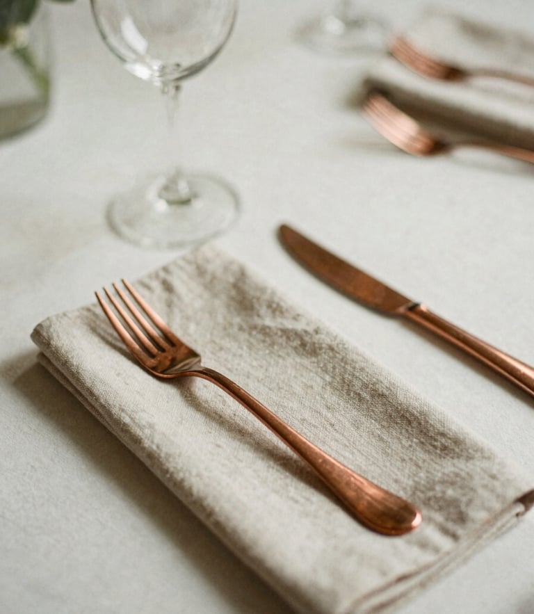 Elegant rose gold flatware set on a beige linen napkin for a minimalist wedding table setting.