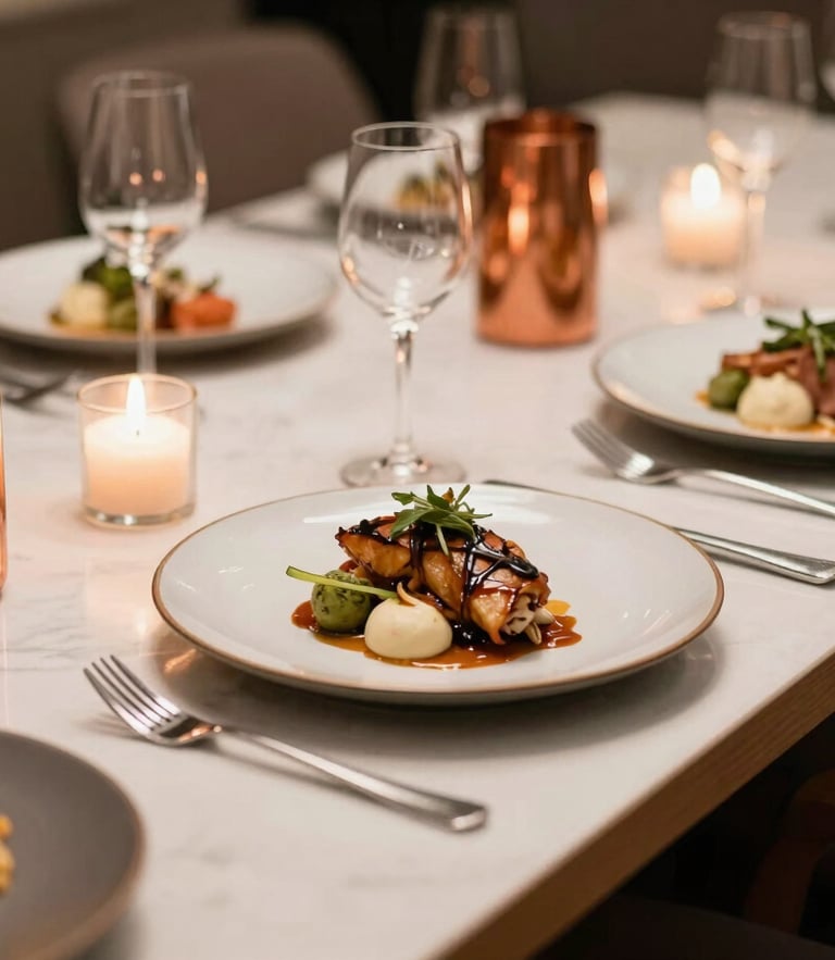 Elegant private dining table featuring a restaurant-quality dish prepared by Common Fire in Glasgow.