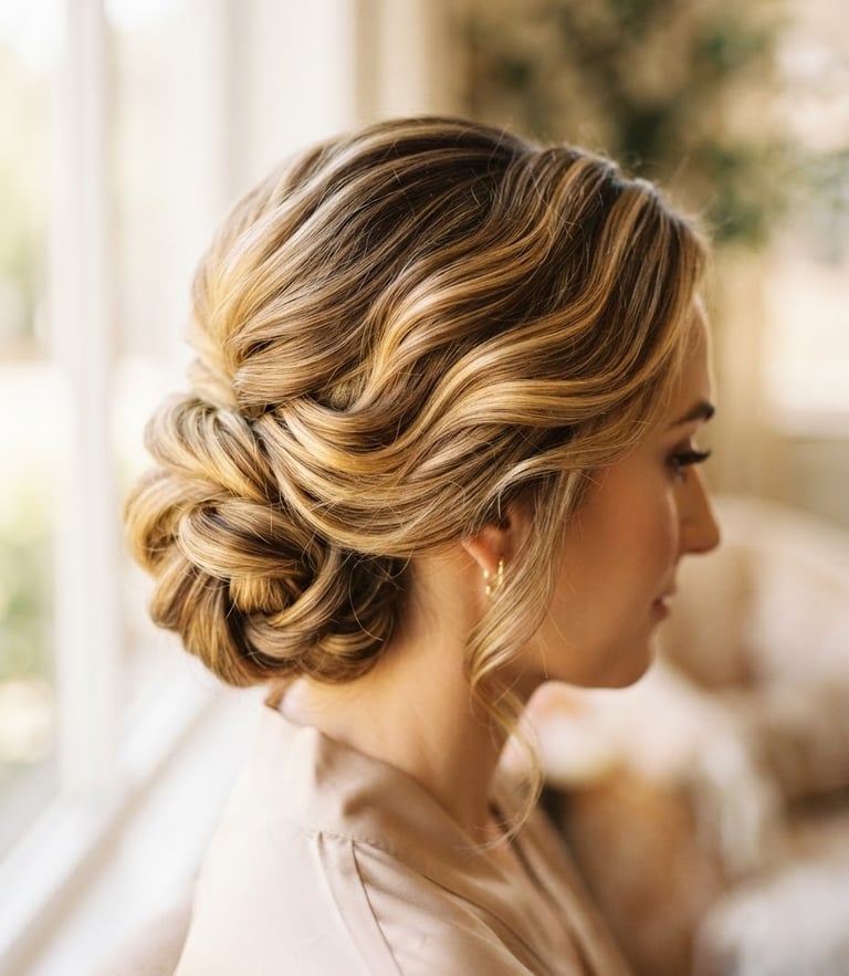 Close-up of elegant styled hair with rich golden dimension, warm natural window light, shallow depth of field, 85mm lens