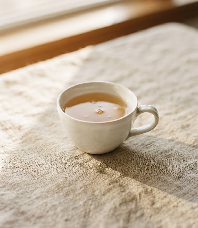 Minimalist close-up of a delicate white porcelain teacup on raw linen, soft morning daylight casting long shadows, warm ivory tones, editorial 35mm photography