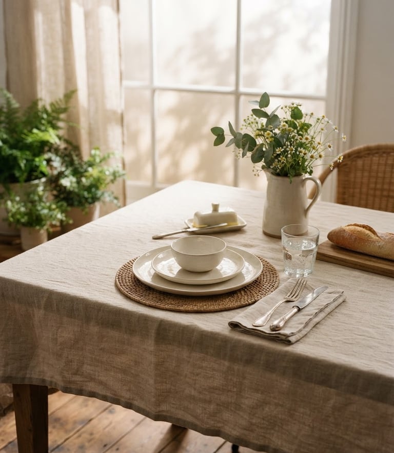 Elegant sunlit dining table with white porcelain plates, raw linen tablecloth, natural morning window light, warm shadows, editorial 35mm photography