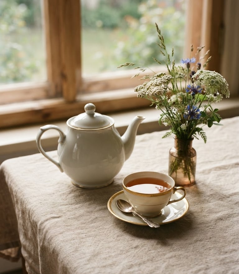 Elegant white porcelain teapot and a gold-rimmed cup on a raw linen tablecloth, soft morning window daylight casting long shadows, Baltic wild flora in a small vase, shallow depth of field, 35mm editorial photography