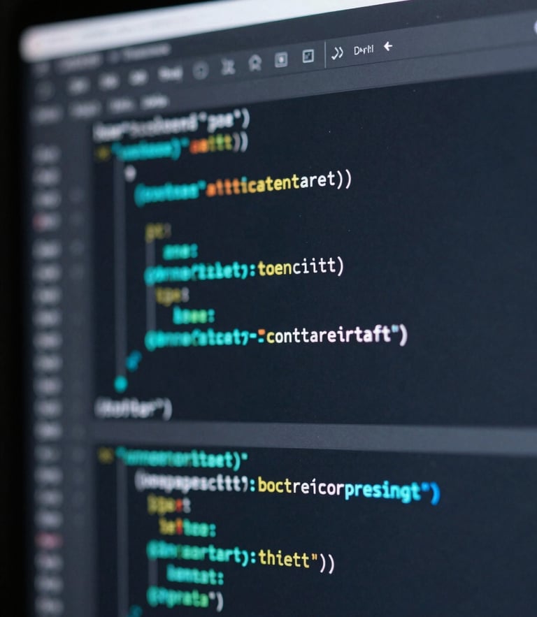 Macro close-up of a high-resolution screen displaying clean code blocks in a dark editor, cool-toned studio lighting, sharp neon cyan accents, 35mm lens.