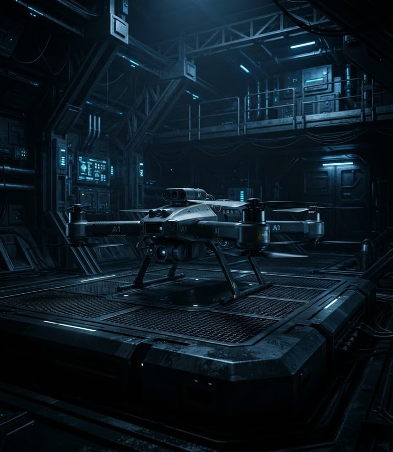 High-contrast technical shot of an autonomous drone on a launchpad, low-key cool slate lighting, sharp highlights, architectural framing.