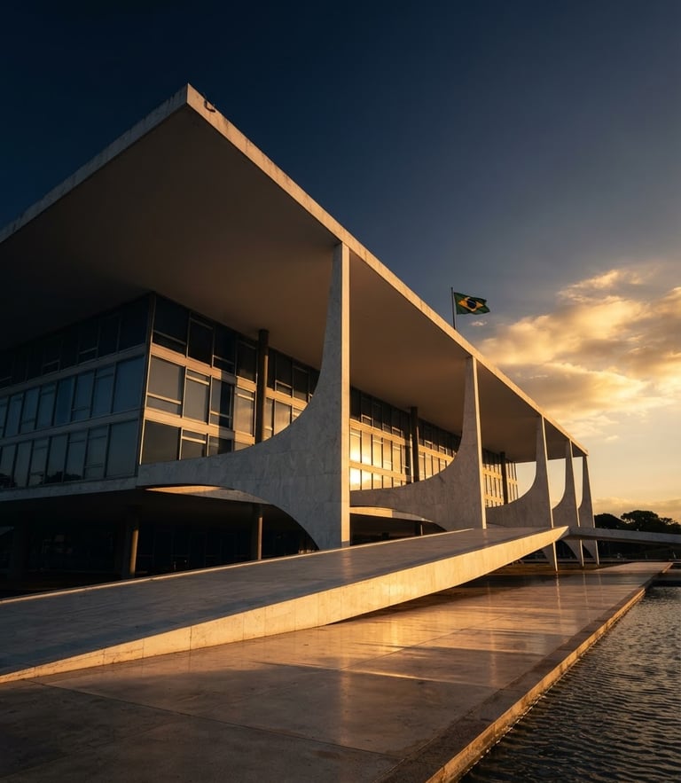 Low-angle architectural shot of the Palácio do Planalto in Brasília, dramatic golden-hour shadows, concrete curves reflecting warm light, clean negative space.
