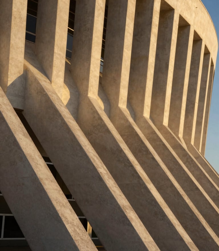Extreme close-up of Niemeyer's concrete columns at the Alvorada Palace, dramatic linear shadows, architectural abstract curves, warm golden hour light, clean minimalist composition.