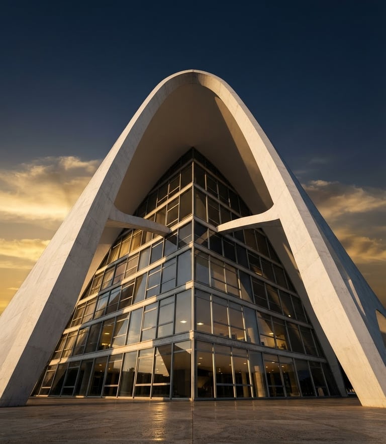 Low-angle architectural photography of a monumental concrete arch facade in Brasília, sharp golden-hour shadows casting deep lines on pristine glass panels, ultra-premium minimalist composition.