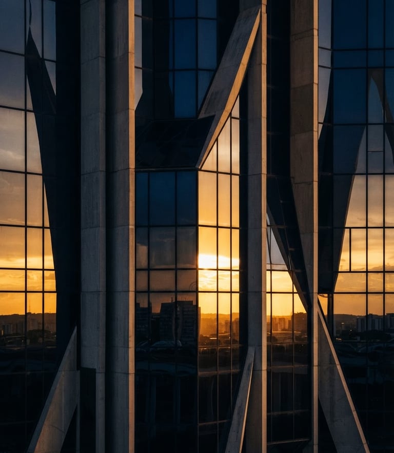Extreme close-up of a modernist glass facade in Brasília reflecting golden hour light, sharp geometric angles, architectural shadows, deep navy and warm gold tones.