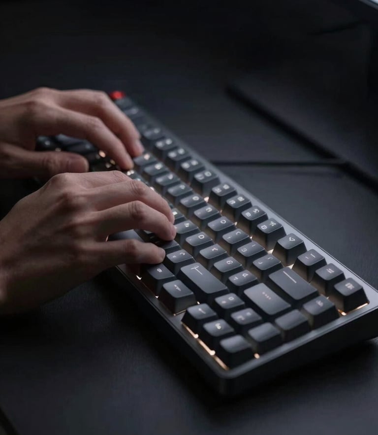 Minimalist dark-mode digital photography of hands typing on a sleek mechanical keyboard, soft localized glowing light from a screen, deep charcoal and silver tones, shallow depth of field
