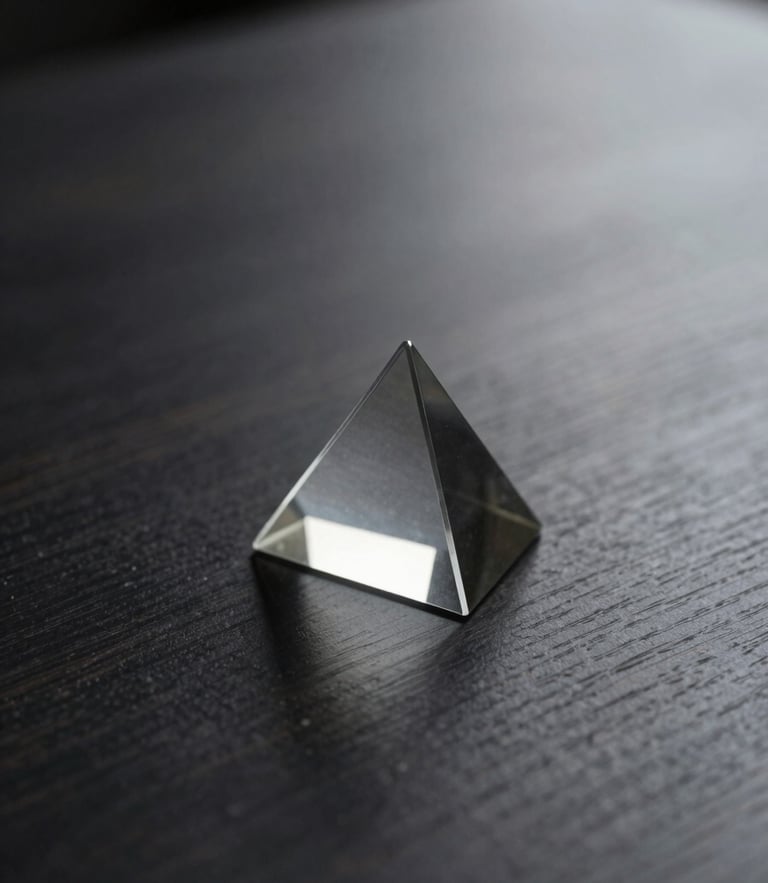 Minimalist dark-mode digital photography of a glass prism reflecting soft glowing light onto a dark wooden desk, deep charcoal and silver tones, shallow depth of field