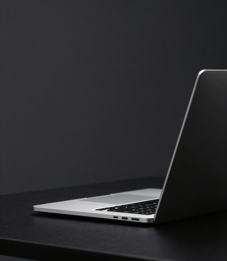 Minimalist dark-mode digital photography of a clean digital workspace, glowing laptop screen, soft localized glowing light, deep charcoal and silver tones, shallow depth of field