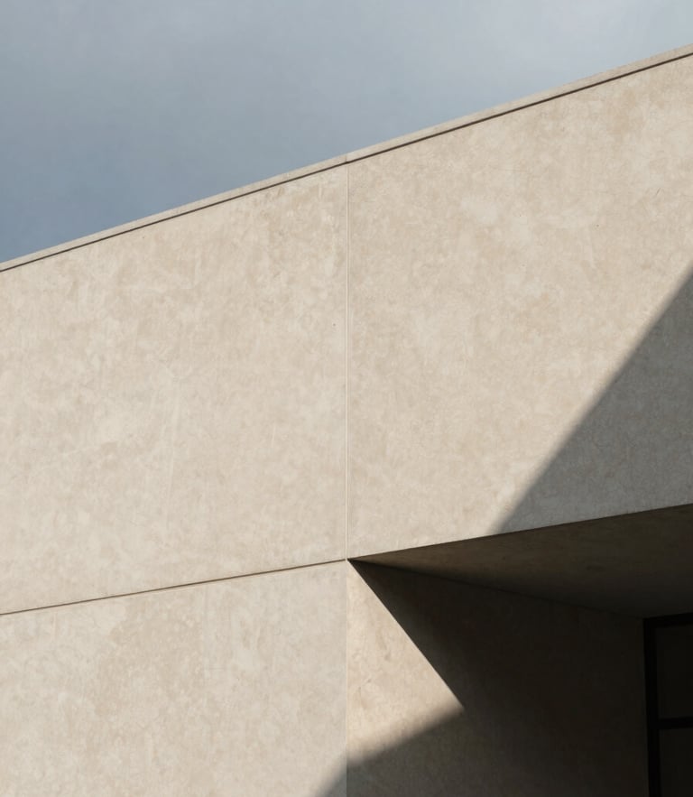 Architectural close-up of sharp geometric shadows casting on a warm alabaster concrete wall, minimalist corporate aesthetic, 35mm