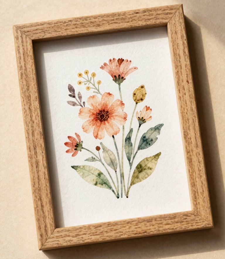 Overhead flat-lay of a hand-painted floral watercolor card framed in a light oak frame on a warm textured cream surface, soft side-light casting gentle shadows