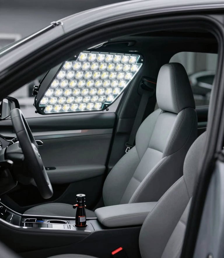 Cool clinical LED lighting in a professional automotive workshop, a clean gray car interior being prepared with technical tools, sharp geometry.
