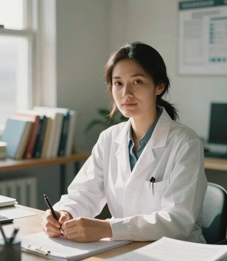 A warm editorial portrait of a female medical researcher in a sunlit, modern office with books and journals, soft natural window light, shallow depth of field, 35mm