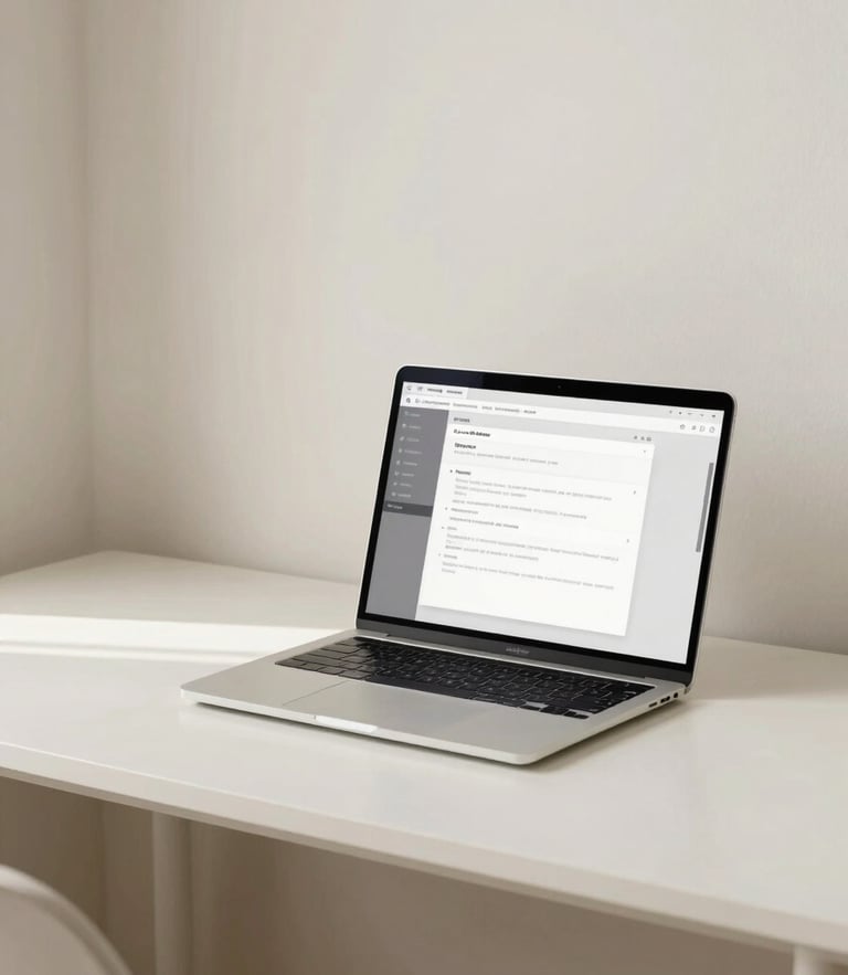 A clean, organized minimalist workspace with a laptop displaying a structured interface, soft diffused natural daylight, muted cream tones