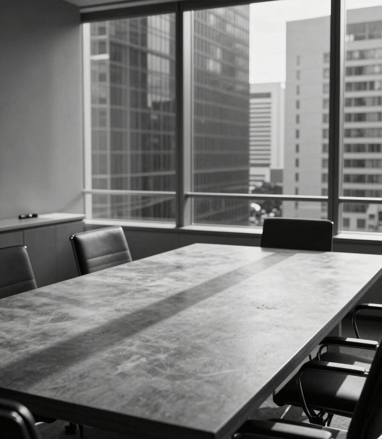 A high-contrast black and white photograph of a modern corporate boardroom in Singapore, sharp architectural shadows casting across a minimalist concrete table, empty chairs, large windows overlooking structured high-rise silhouettes.