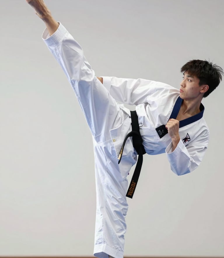 A sharp action freeze-frame of a Taekwondo athlete in a pristine white dobok executing a high kick, bright natural daylight, clean dojang background, 50mm