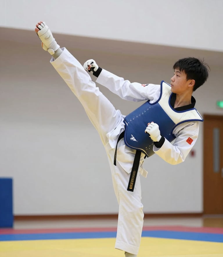 Siswa taekwondo mengenakan dobok putih bersih sedang melakukan tendangan presisi tinggi di dojang modern yang terang benderang.