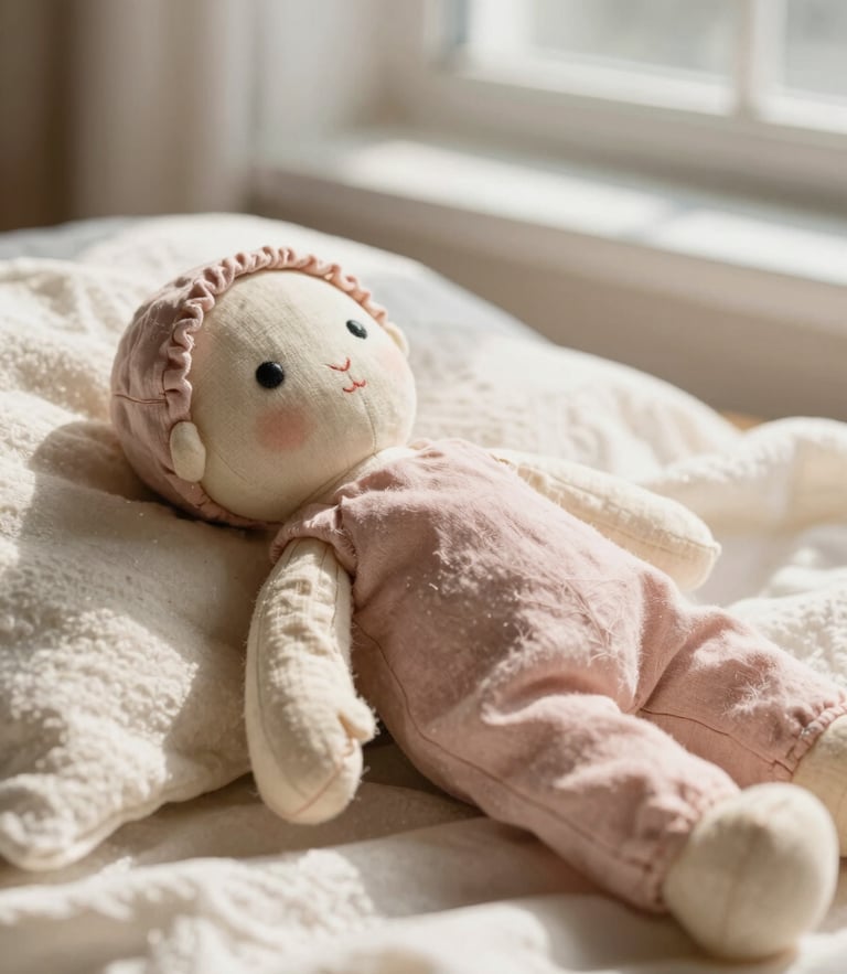 Close-up of a handmade linen doll resting on a soft cream blanket, warm morning sunlight streaming through a window, shallow depth of field, 35mm