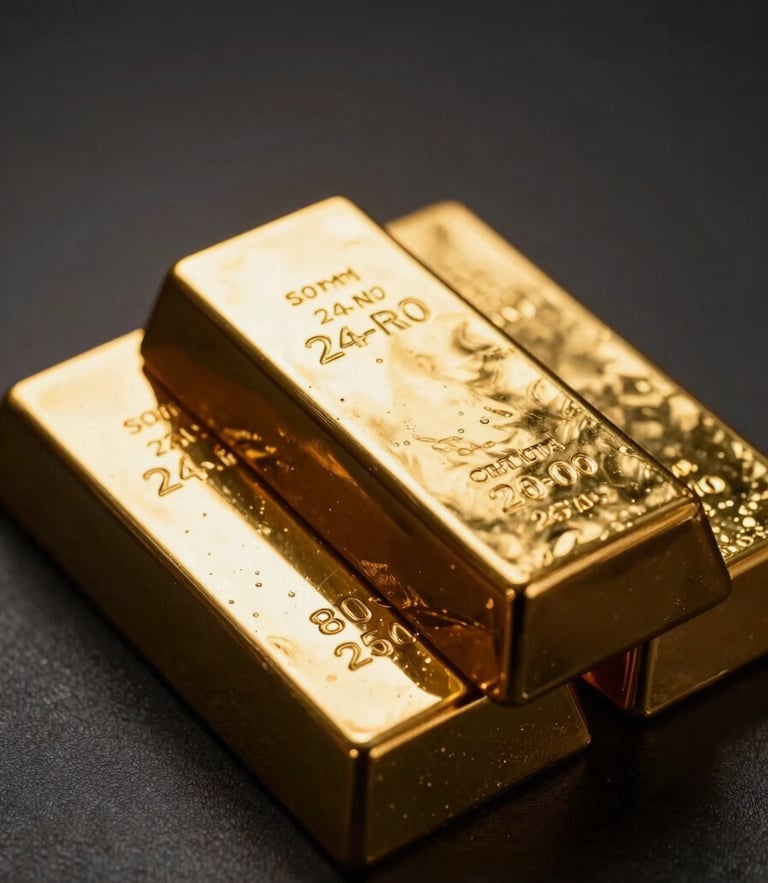 Luxurious dark-key photography of certified 24-karat gold bullion bars stacked neatly, dramatic gold-hour spotlighting, deep shadows, rich metallic reflections, 50mm