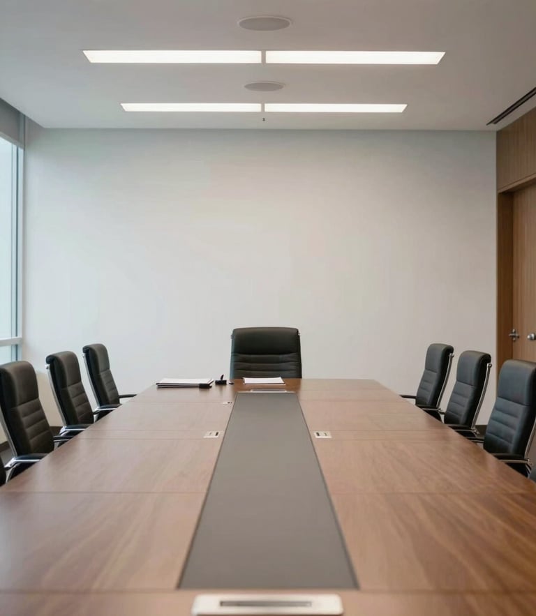 Medium-wide environmental shot of a modern Panamanian government conference room, bright natural office light, professional neutral tones, sharp focus, architectural framing, 35mm