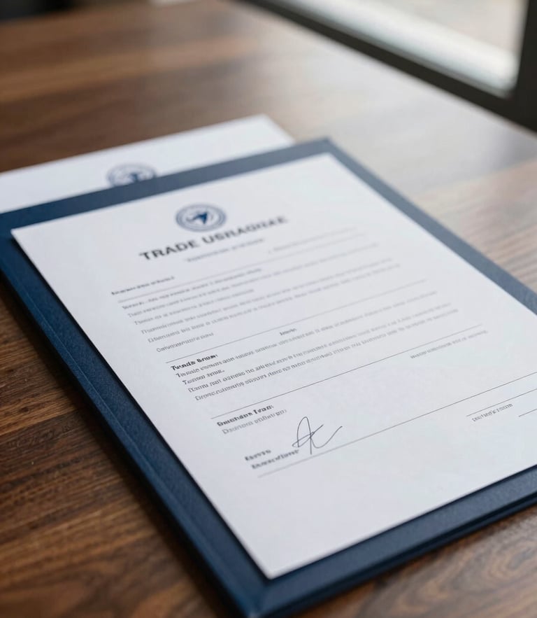 Close-up of signed trade documents on a dark wooden table under natural window light, professional corporate atmosphere, 35mm photography