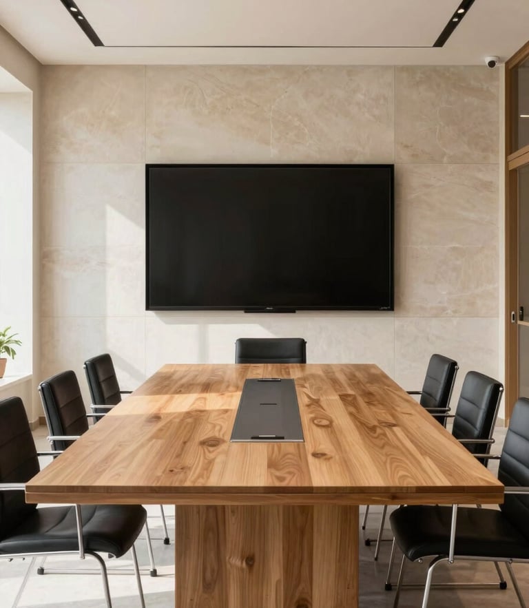 Straight-on architectural elevation of a modern corporate boardroom in Jaipur, featuring a modular oak conference table with clean steel joints, bright natural light, 35mm
