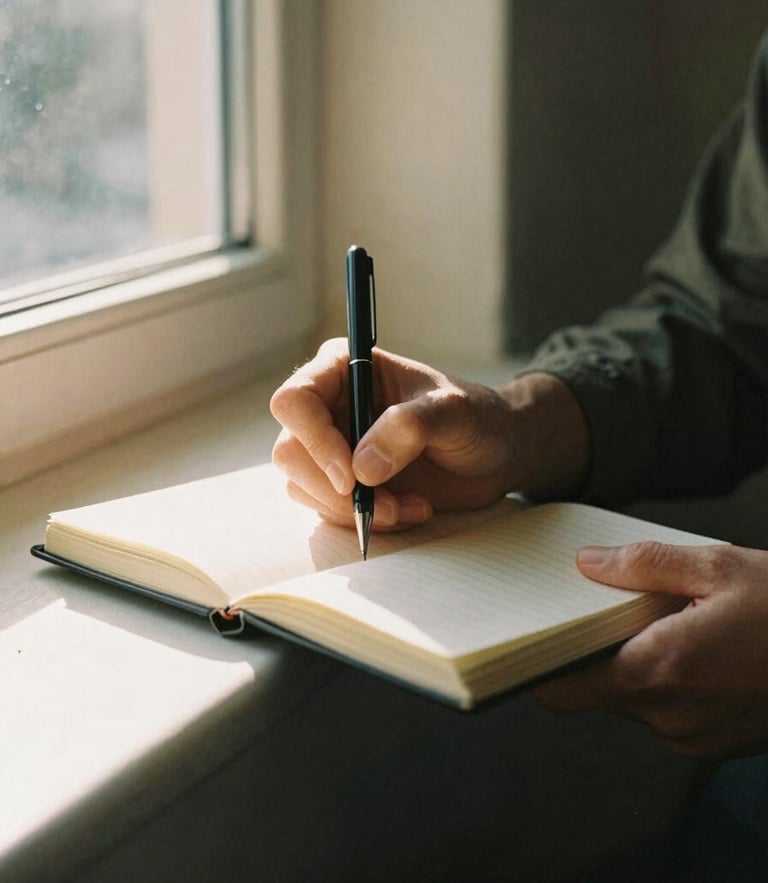 Medium-close shot of a person writing in a journal by a sunlit window, earthy deep olive tones, 35mm film style.