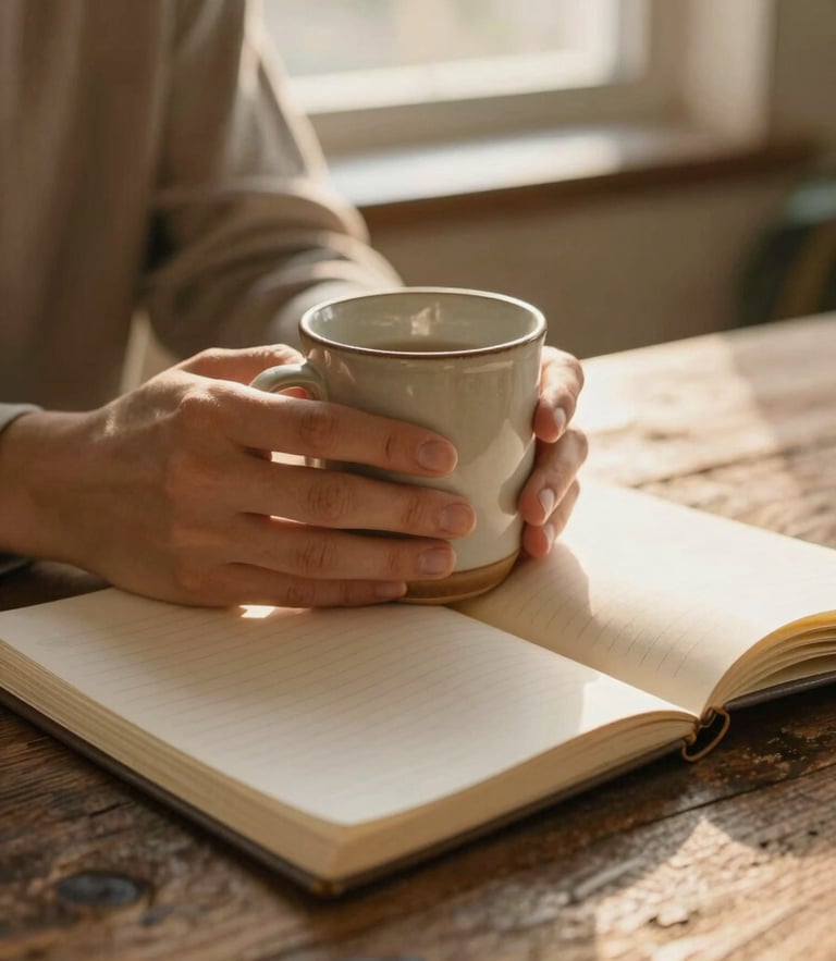 Warm golden-hour light illuminating hands holding a ceramic mug over an open linen-bound notebook on a rustic wooden table, soft focus.