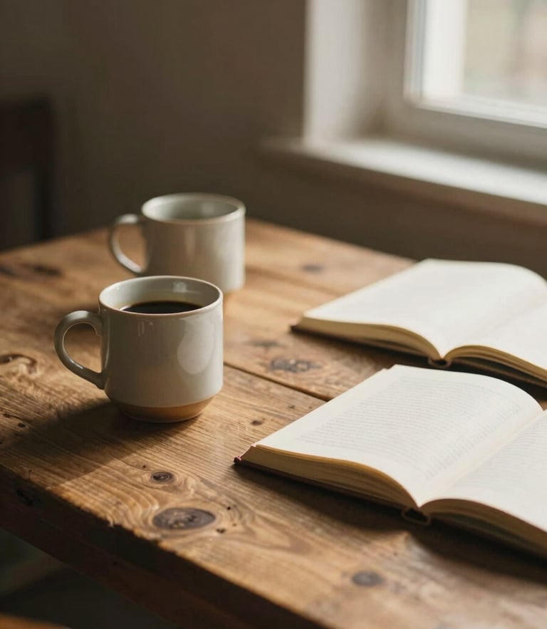 A rustic wooden table with ceramic coffee mugs and open journals, warm golden-hour light streaming through a window, shallow depth of field.