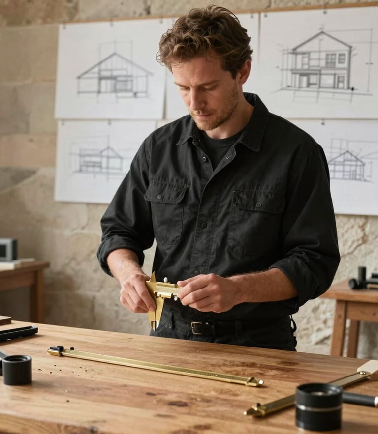 Warm natural daylight illuminating a designer-craftsman in a black work shirt standing by a solid oak workbench, holding a brass caliper, background with architectural sketches pinned to a stone wall.