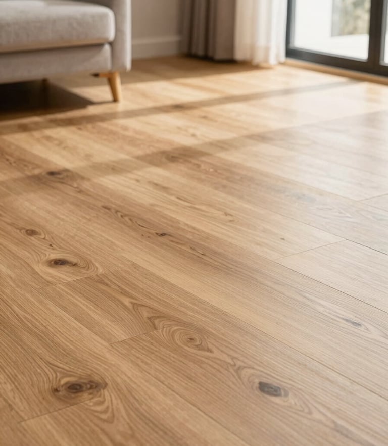 Warm modern living room with newly installed oak laminate flooring, glowing natural daylight, editorial shot, 35mm
